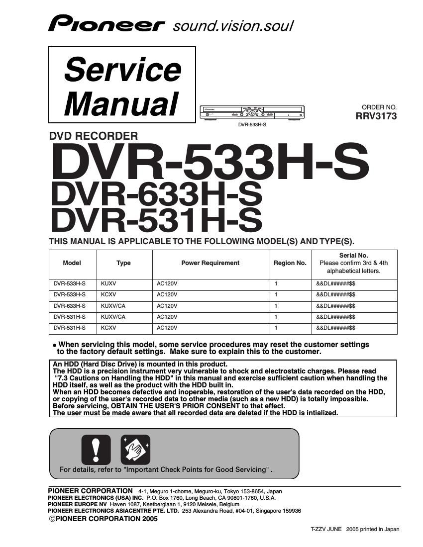 pioneer dvr 531 hs service manual