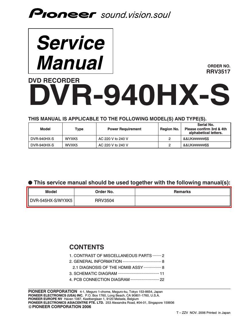 pioneer dvr 940 hxs service manual