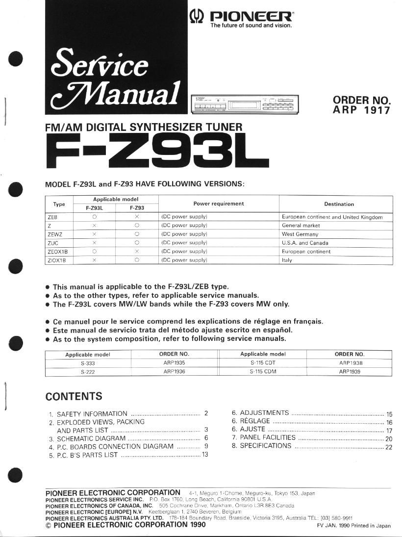 pioneer fz 93 l service manual