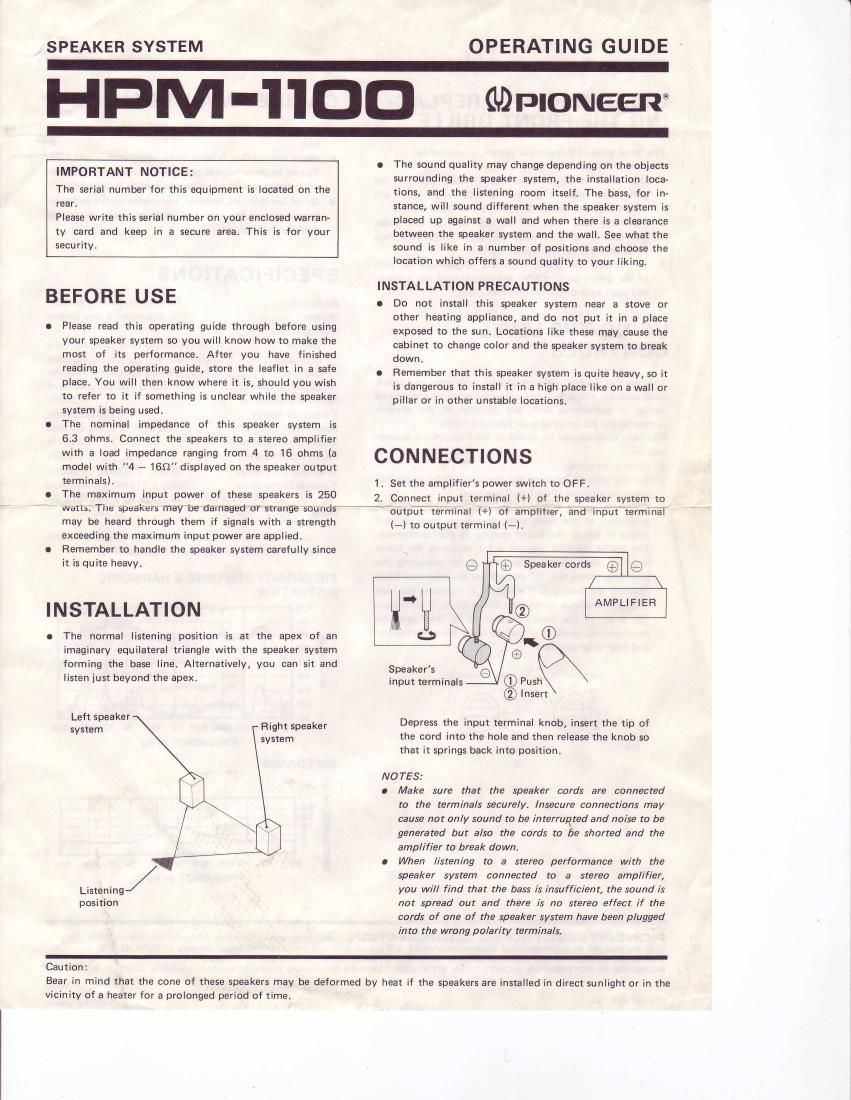 pioneer hpm 1100 owners manual