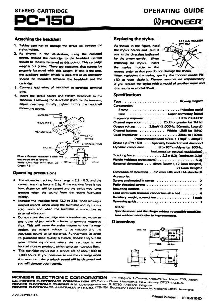 Pioneer PC 150 Owners Manual