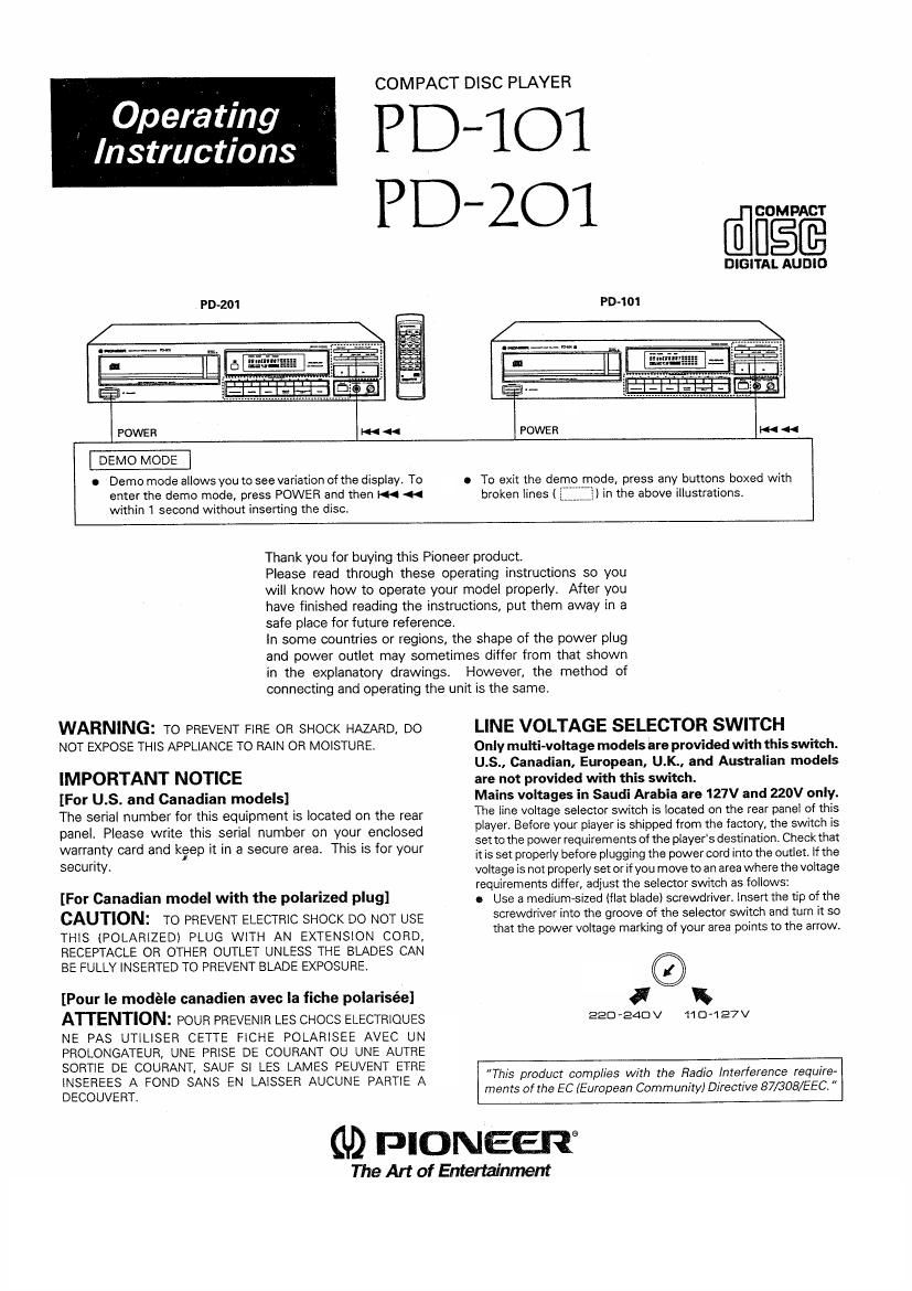 Pioneer PD 201 Owners Manual