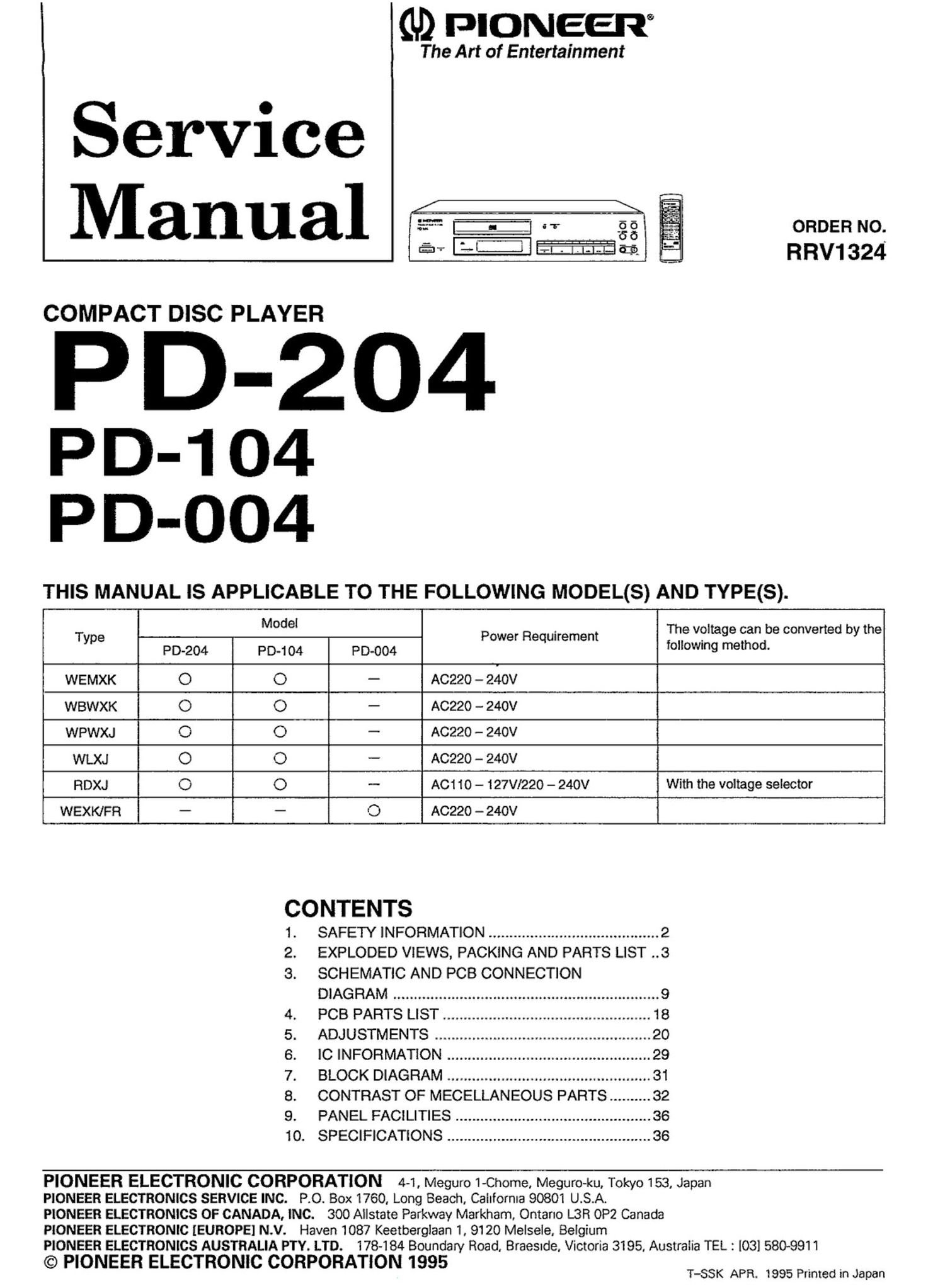 pioneer pd 204 service manual