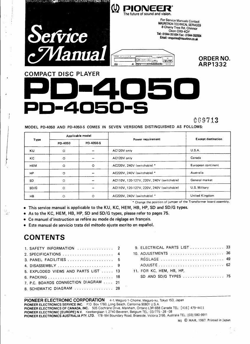 pioneer pd 4050 service manual
