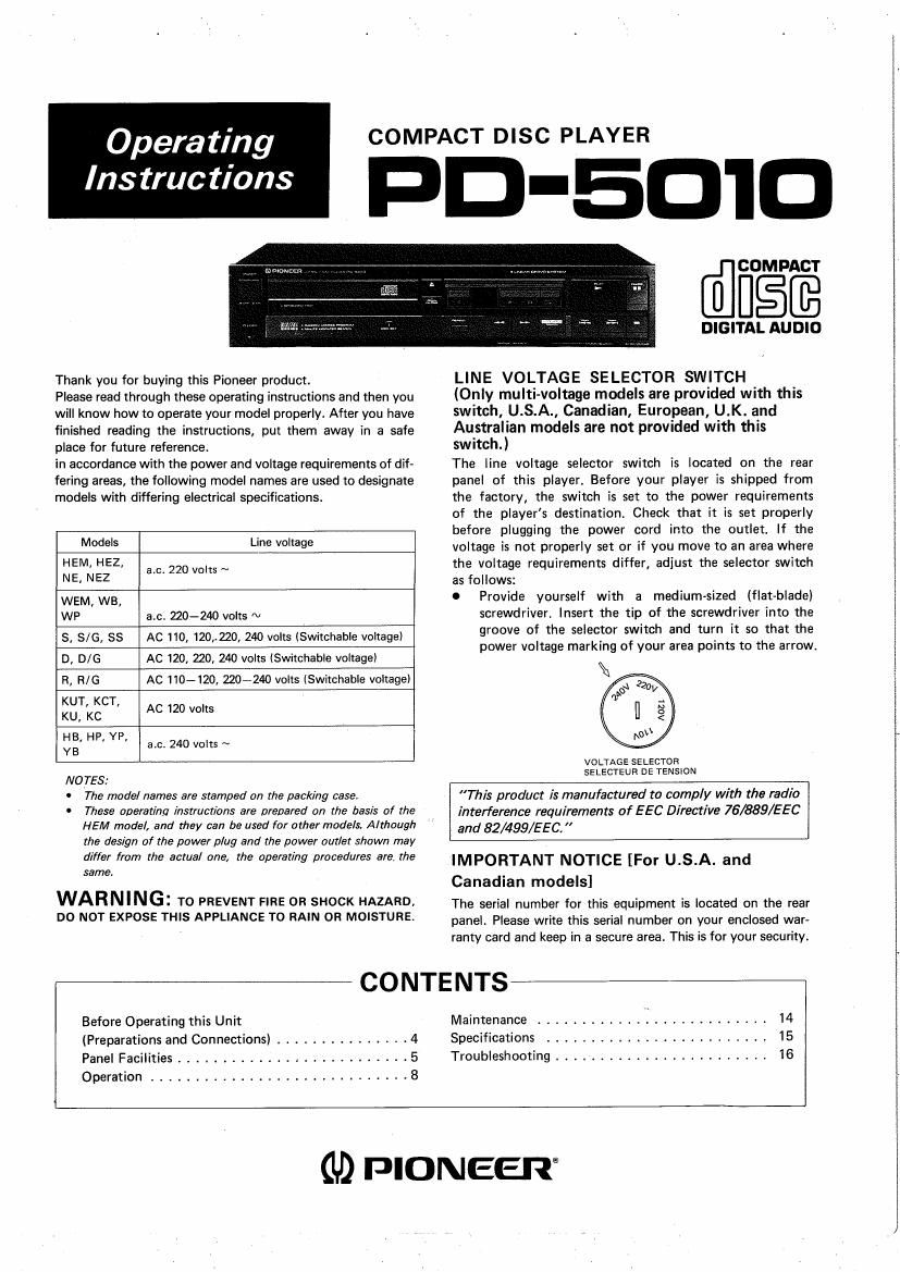 pioneer pd 5010 owners manual