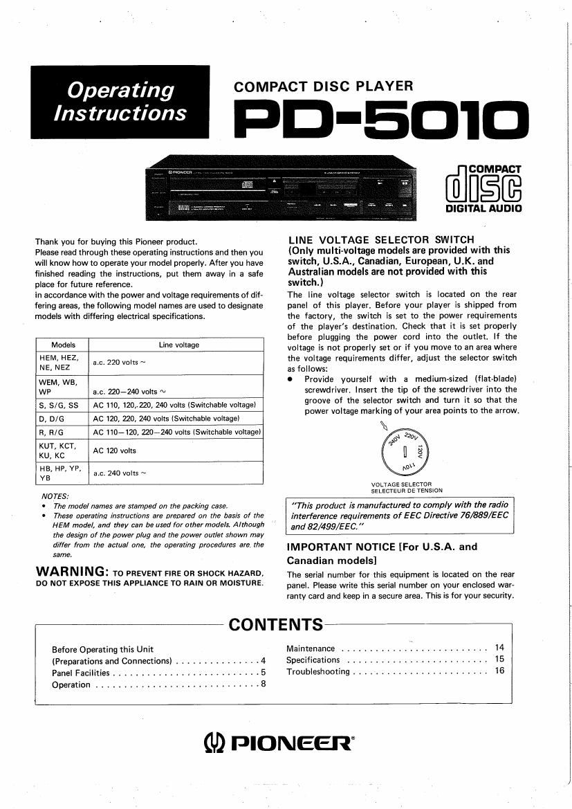 pioneer pd 5010 owners manual