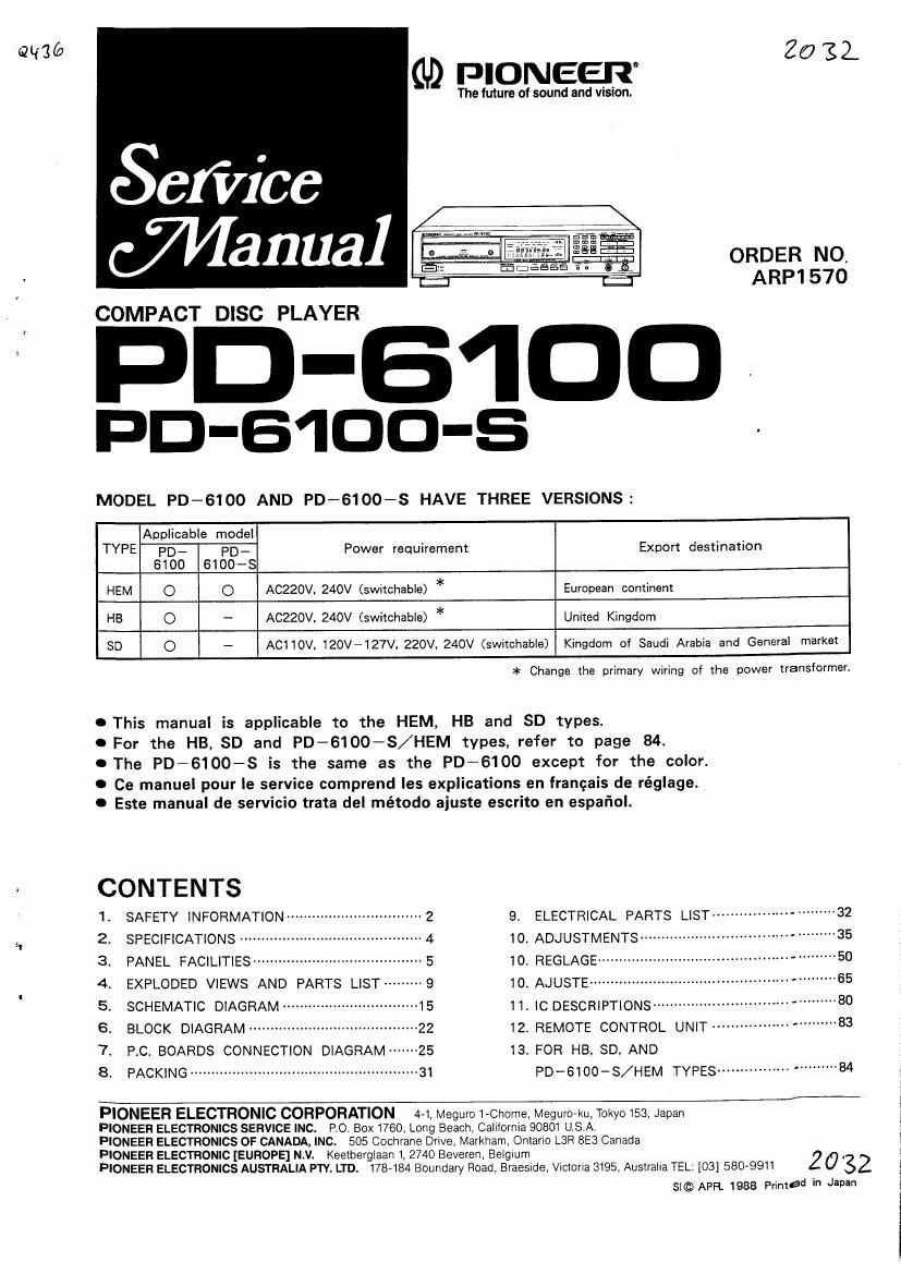 pioneer pd 6100 s service manual