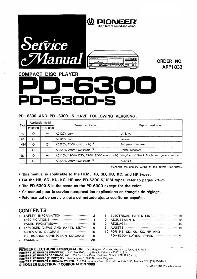 pioneer pd 6300 s service manual