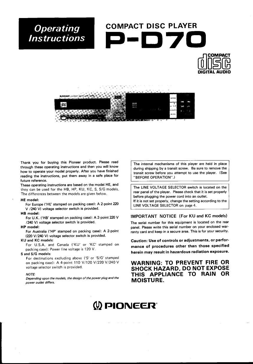 pioneer pd 70 owners manual
