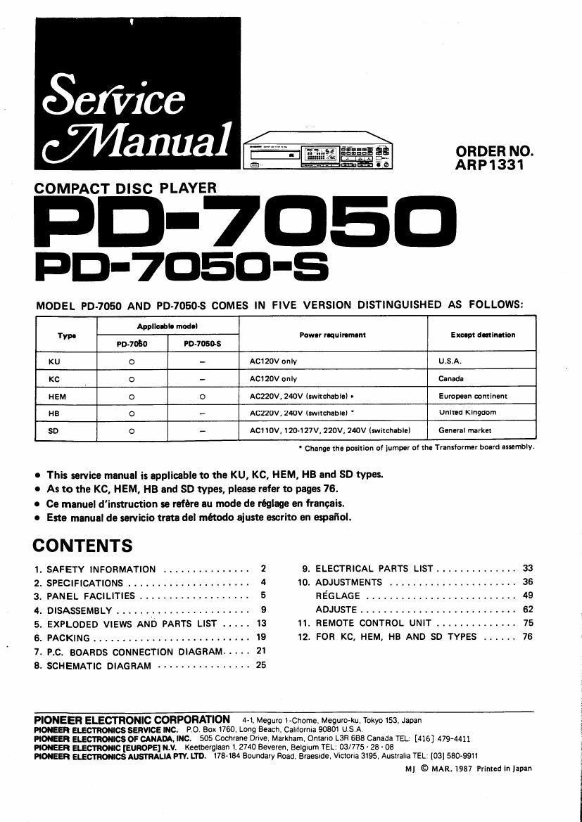 pioneer pd 7050 s service manual