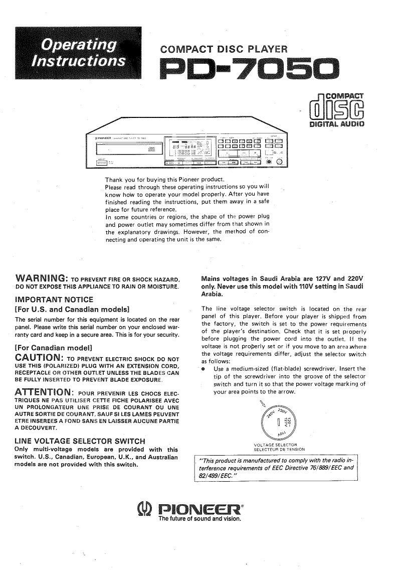 pioneer pd 7050 owners manual