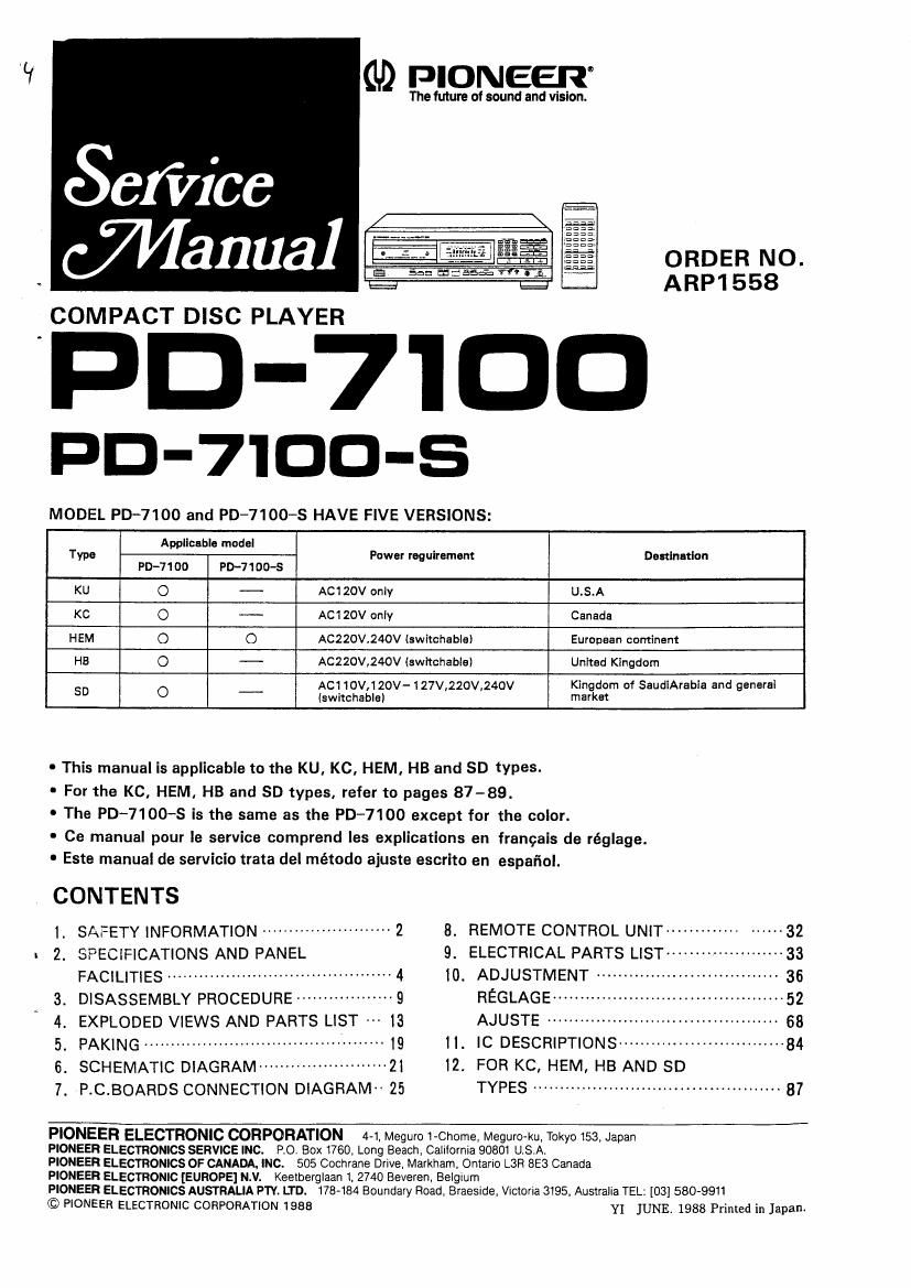 pioneer pd 7100 s service manual