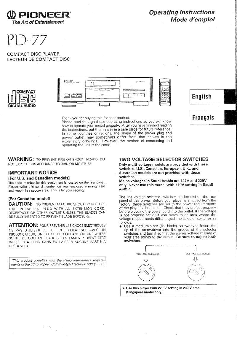 Pioneer PD 77 Owners Manual