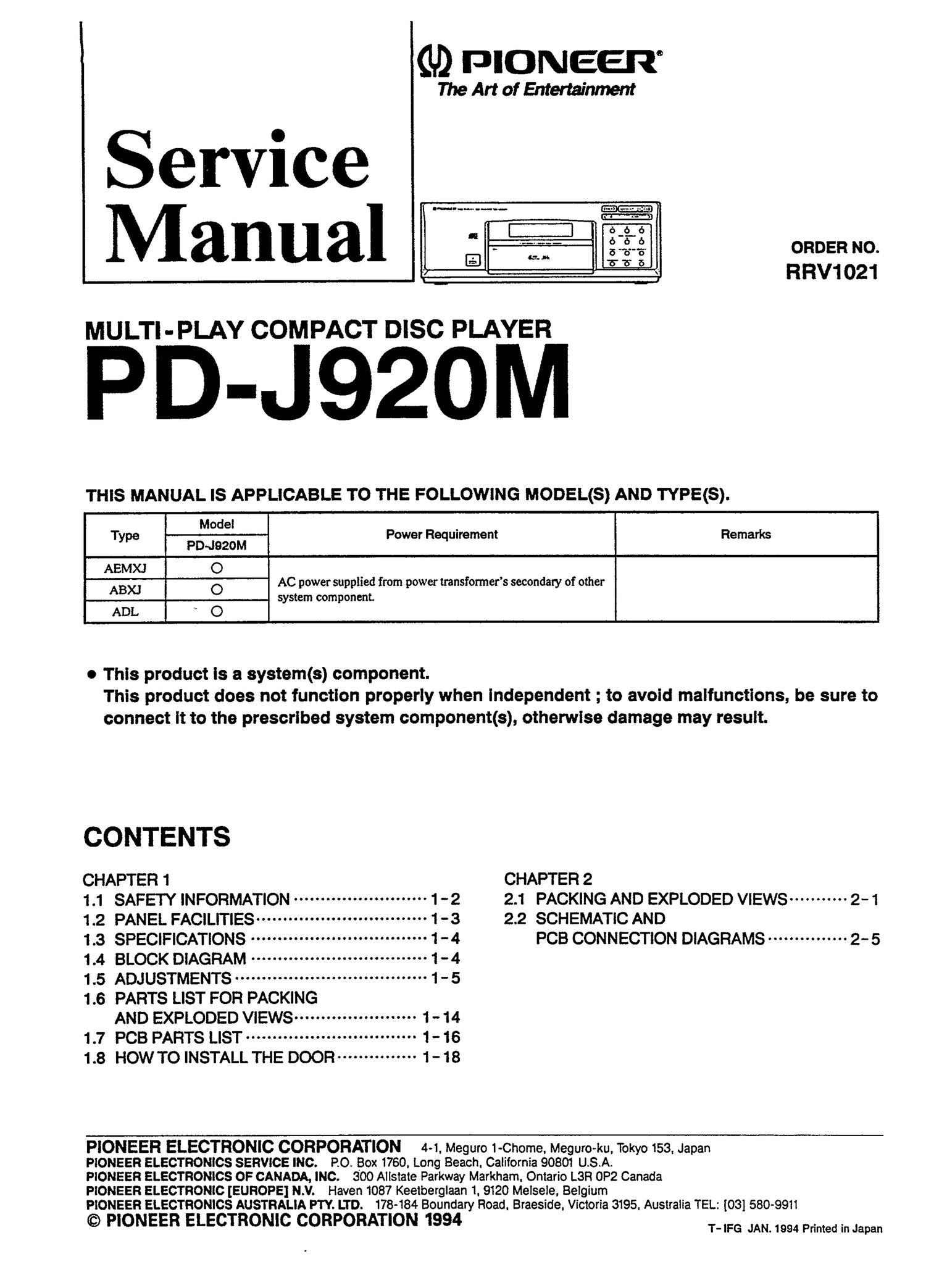 pioneer pdj 920 m service manual