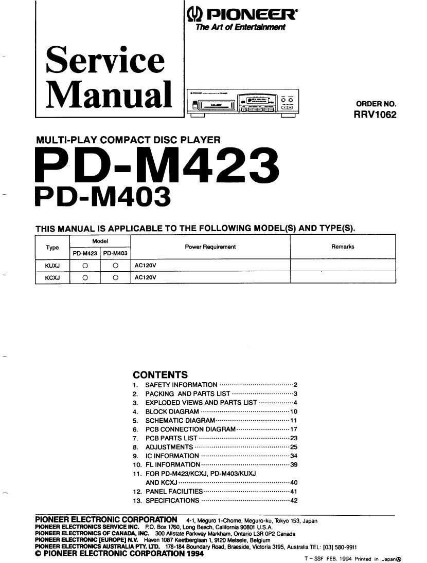 pioneer pdm 423 service manual