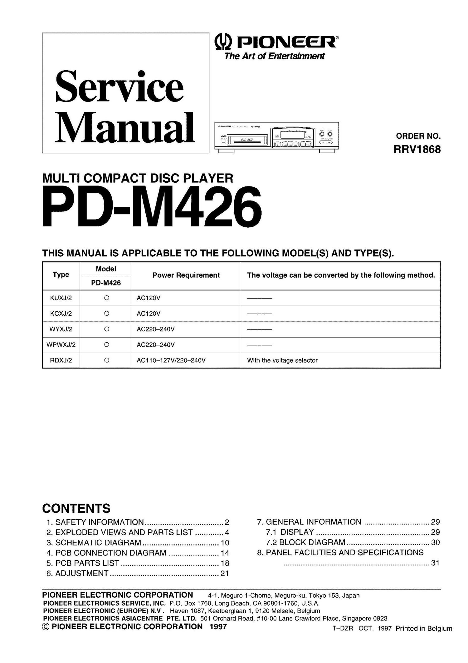 pioneer pdm 426 service manual