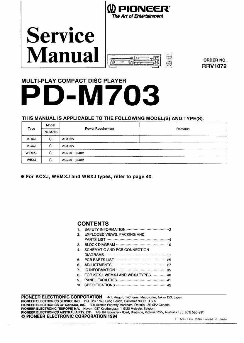 pioneer pdm 703 service manual
