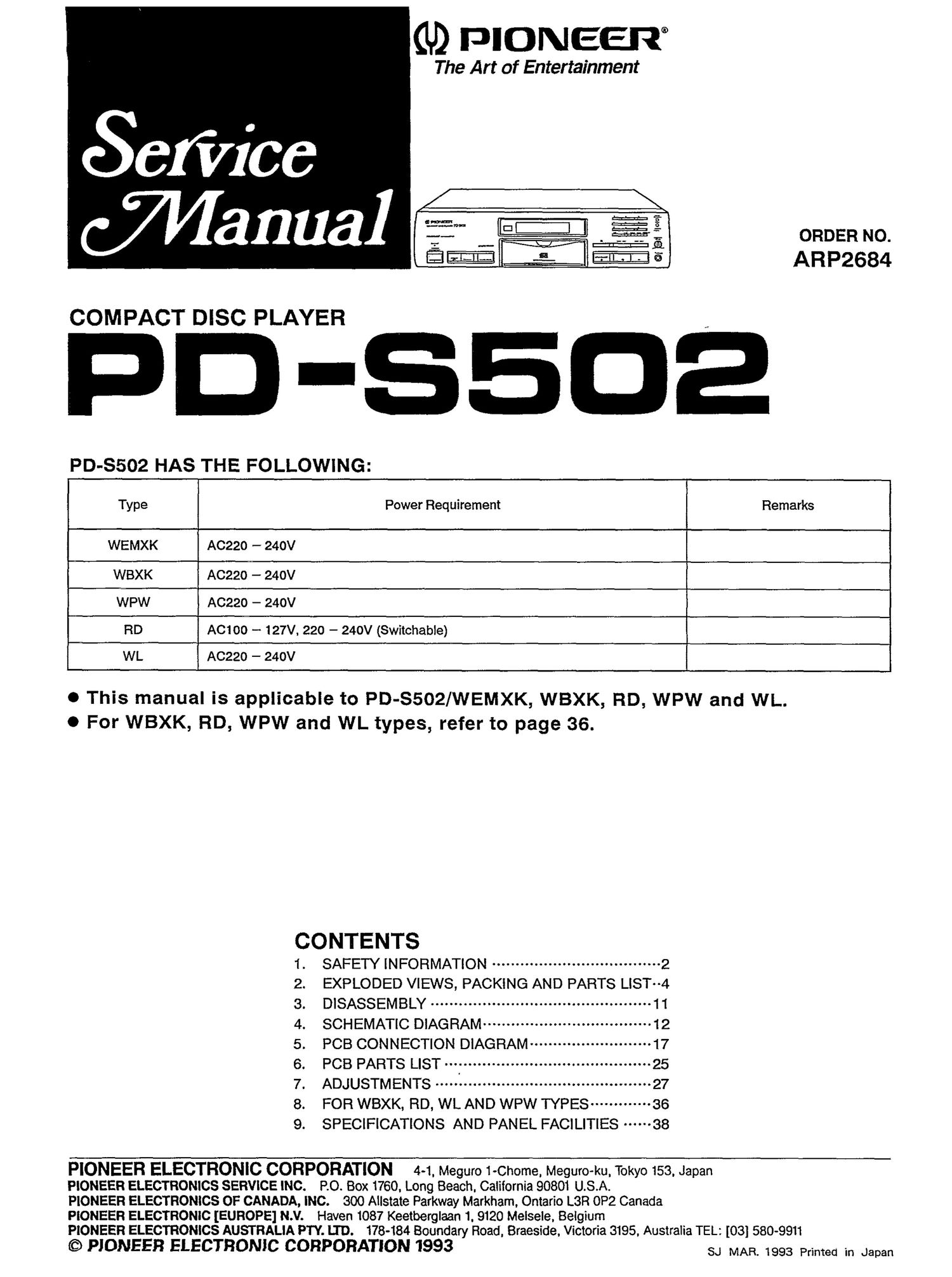 pioneer pds 502 service manual