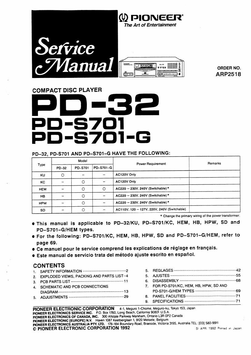pioneer pds 701 sg service manual