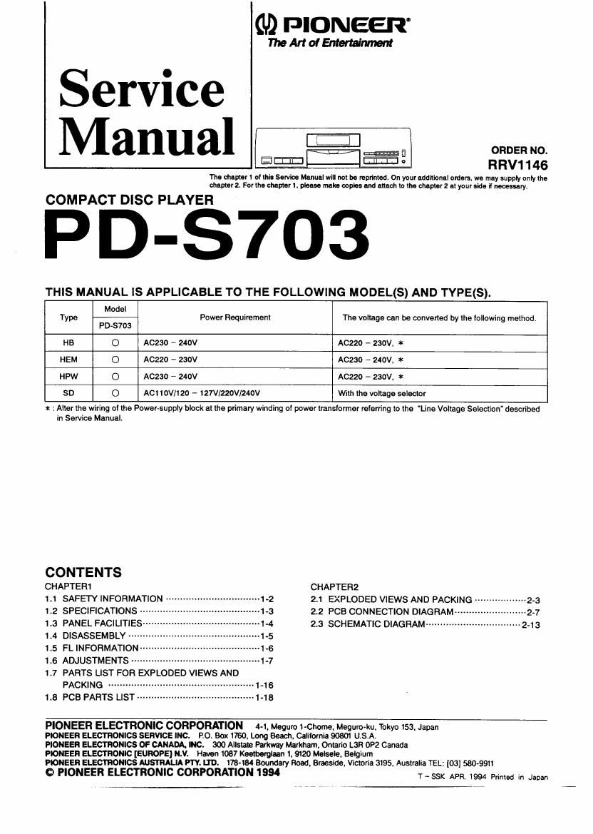 pioneer pds 703 service manual