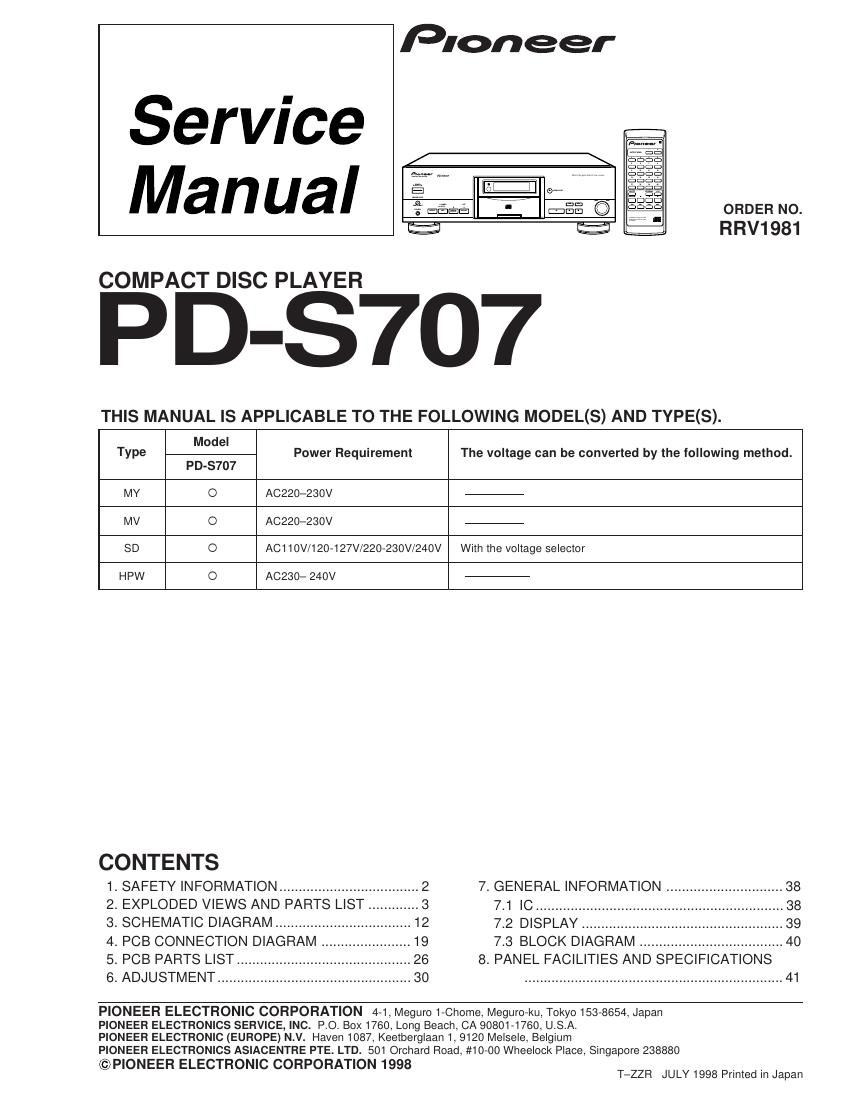 pioneer pds 707 service manual