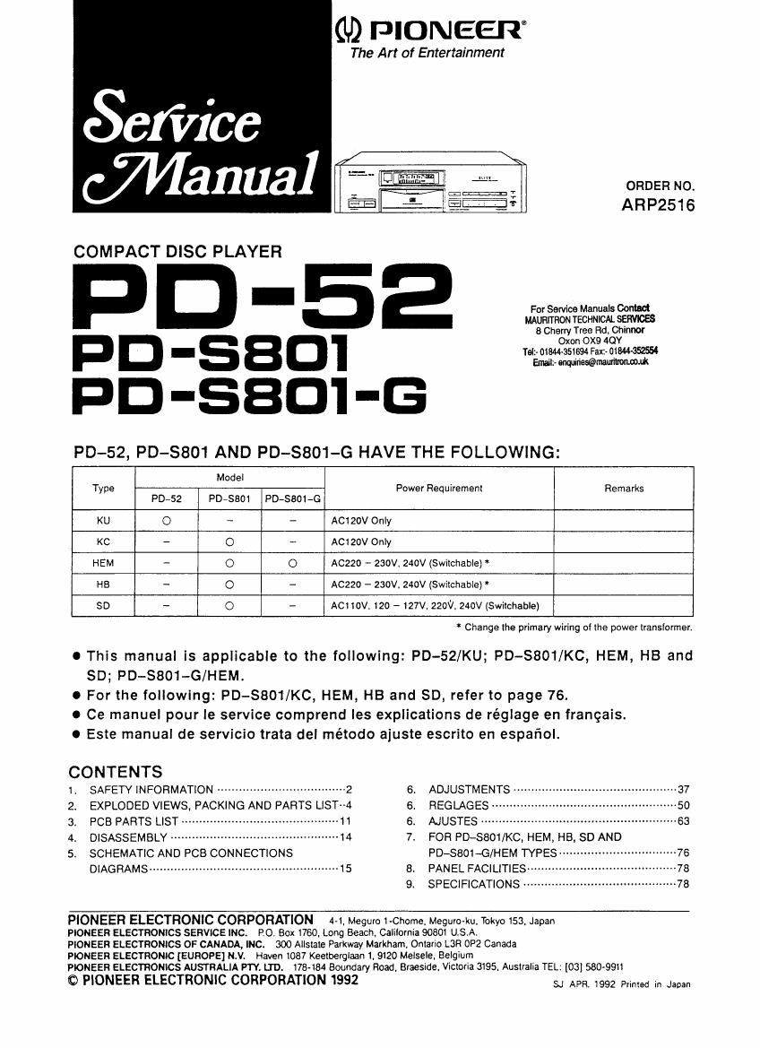 pioneer pds 801 g service manual