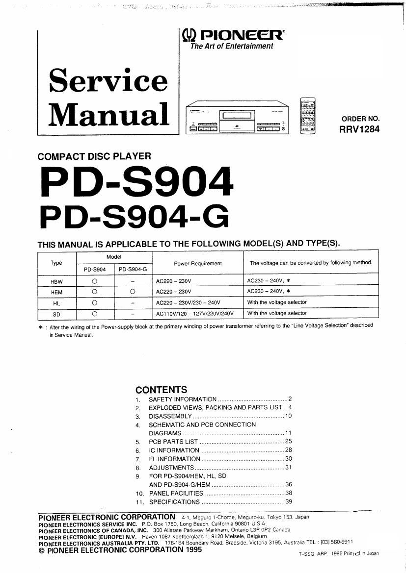 pioneer pds 904 g service manual