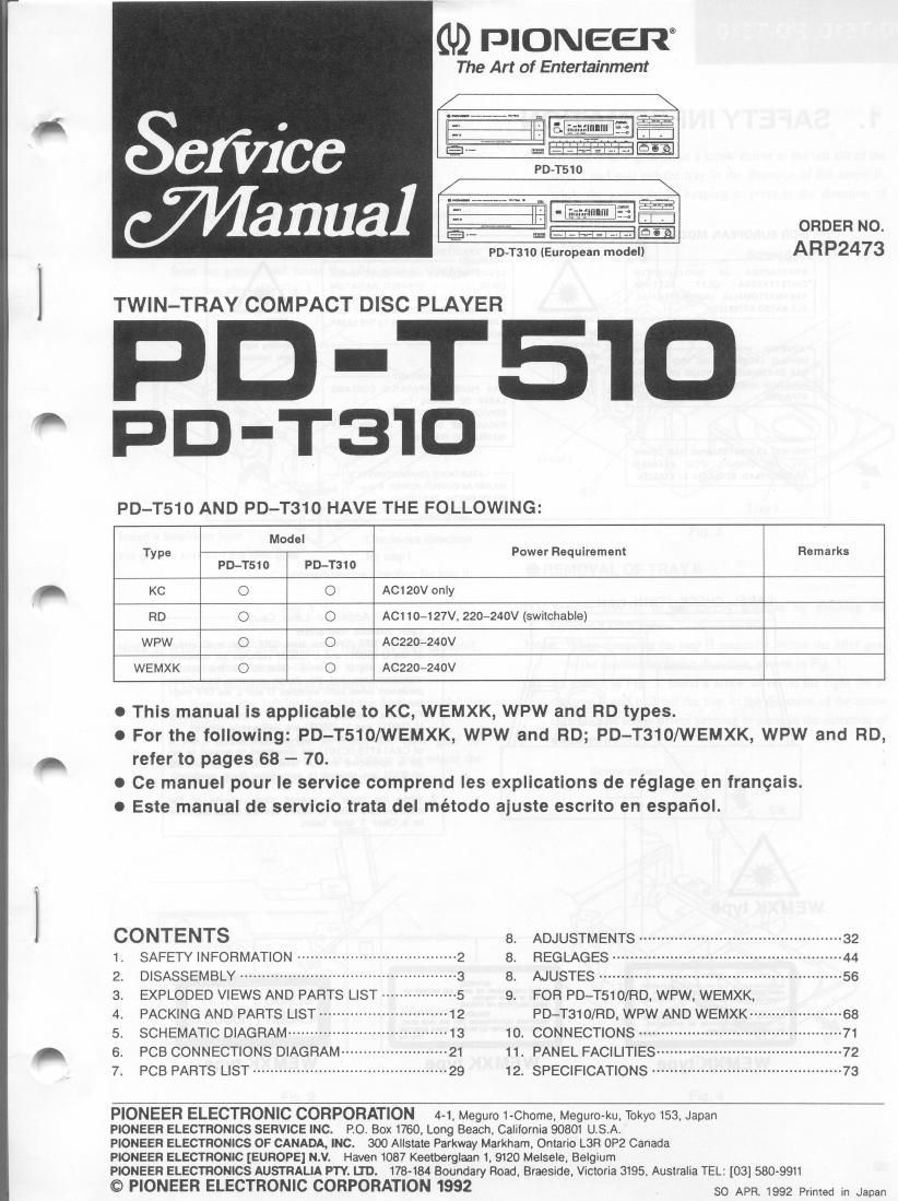 pioneer pd t 310 service manual