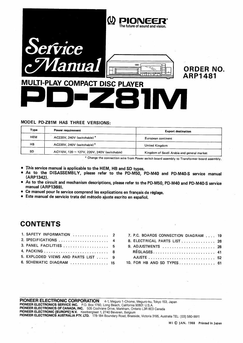 pioneer pdz 81 m service manual