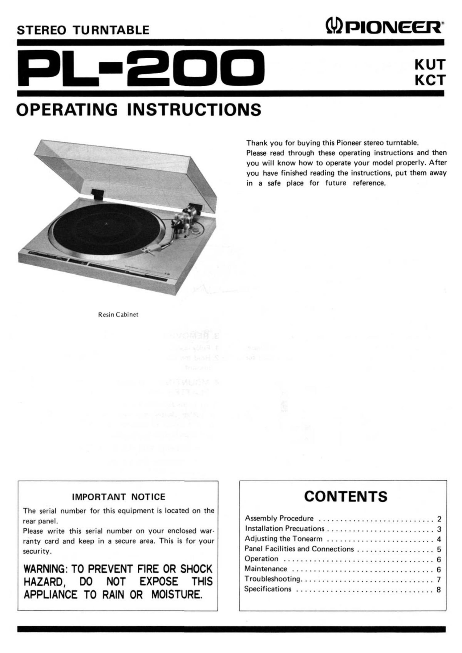 Pioneer PL 200 Owners Manual