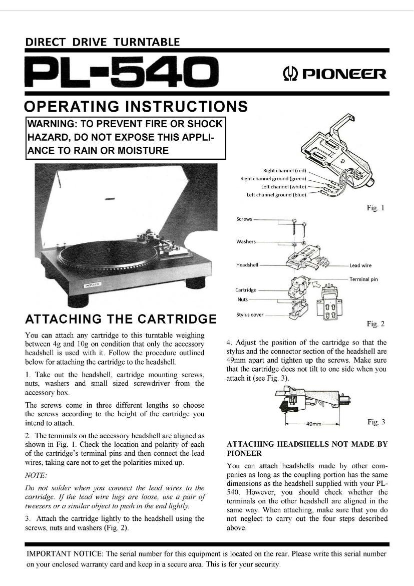 Pioneer PL 540 Owners Manual