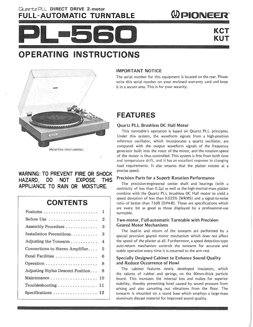 Pioneer PL 560 Owners Manual