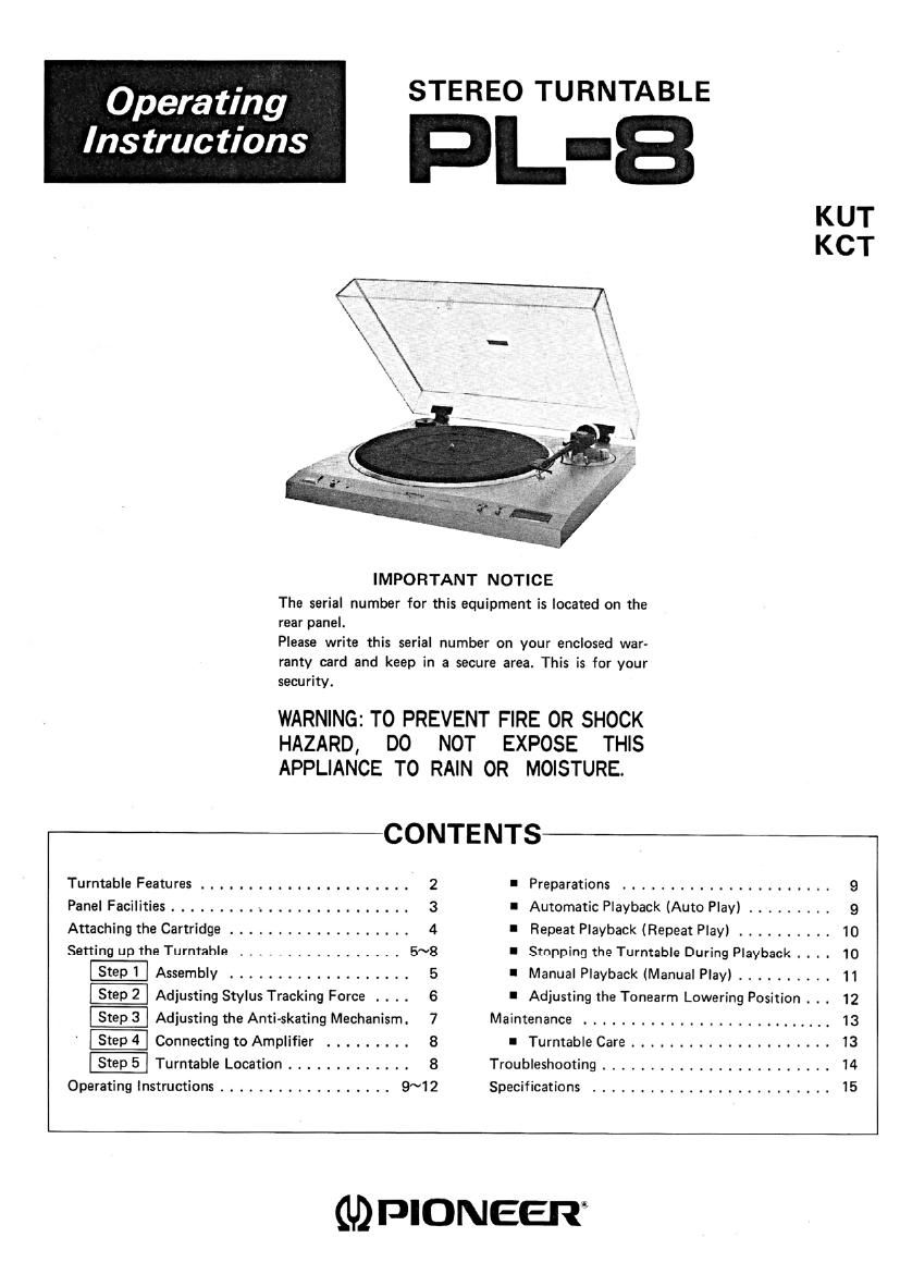 Pioneer PL 8 Owners Manual