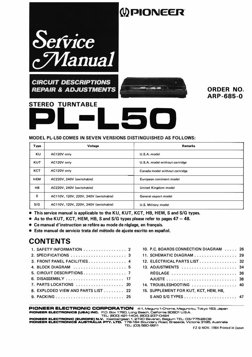 Pioneer PL L50 Service Manual