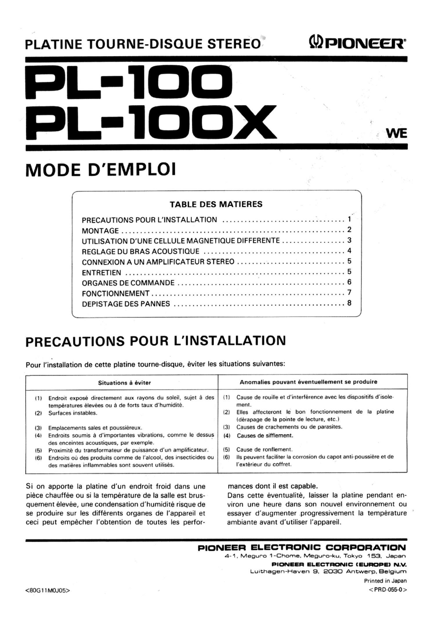 pioneer pl 100 x owners manual