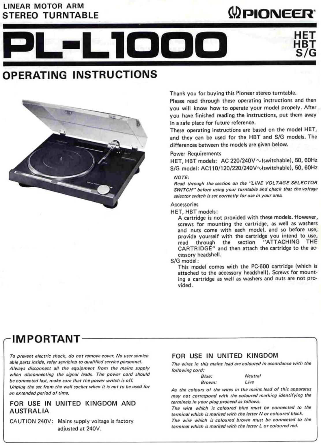 pioneer pl 1000 owners manual