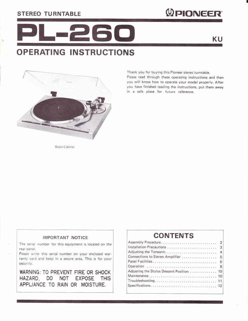 pioneer pl 260 owners manual