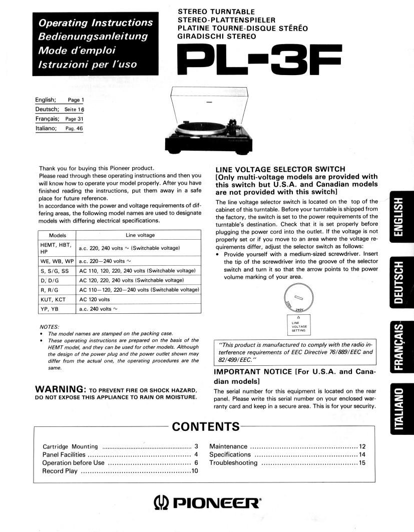 pioneer pl 3 f owners manual