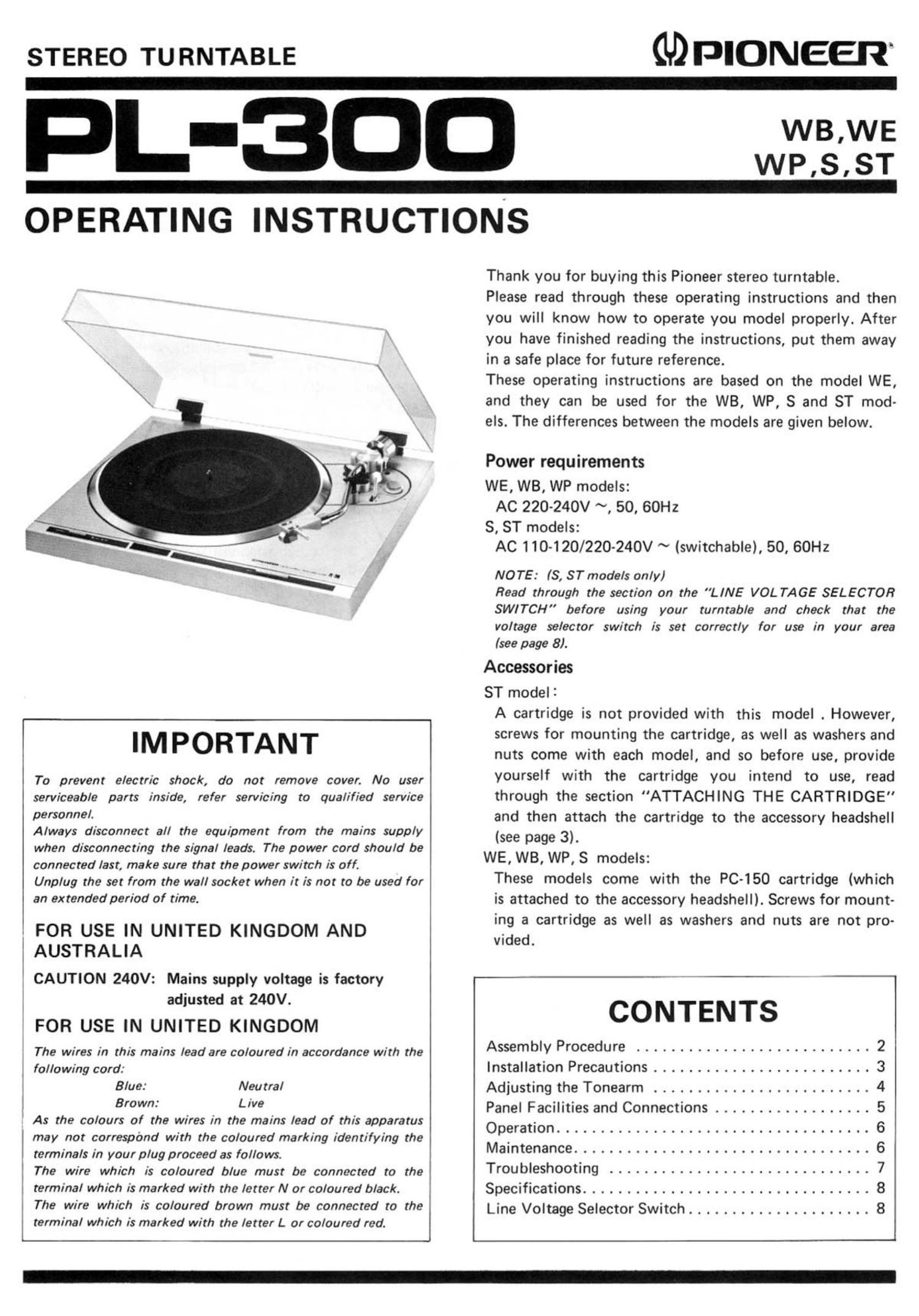 pioneer pl 300 owners manual