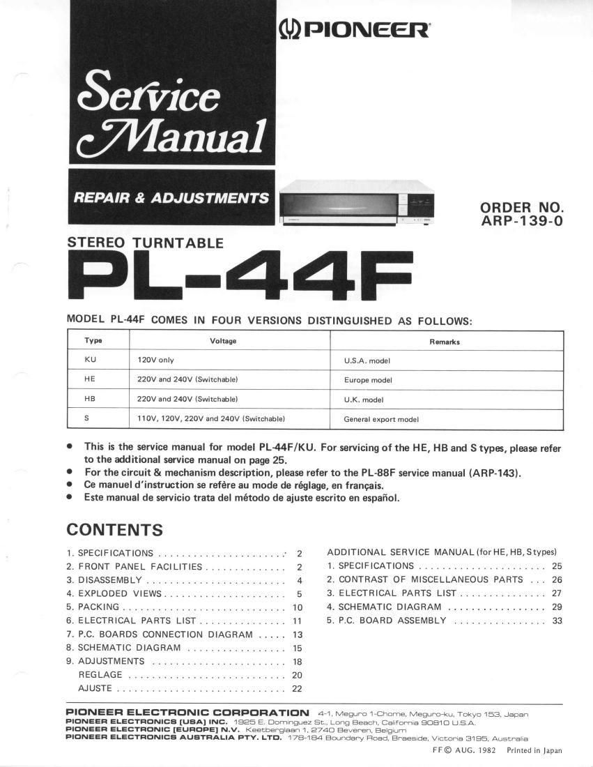 pioneer pl 44 f service manual