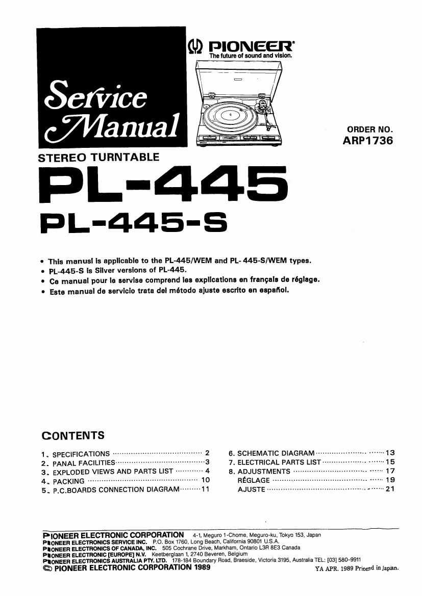 pioneer pl 445 service manual
