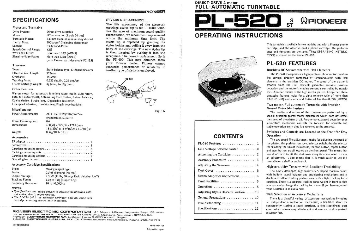pioneer pl 520 owners manual