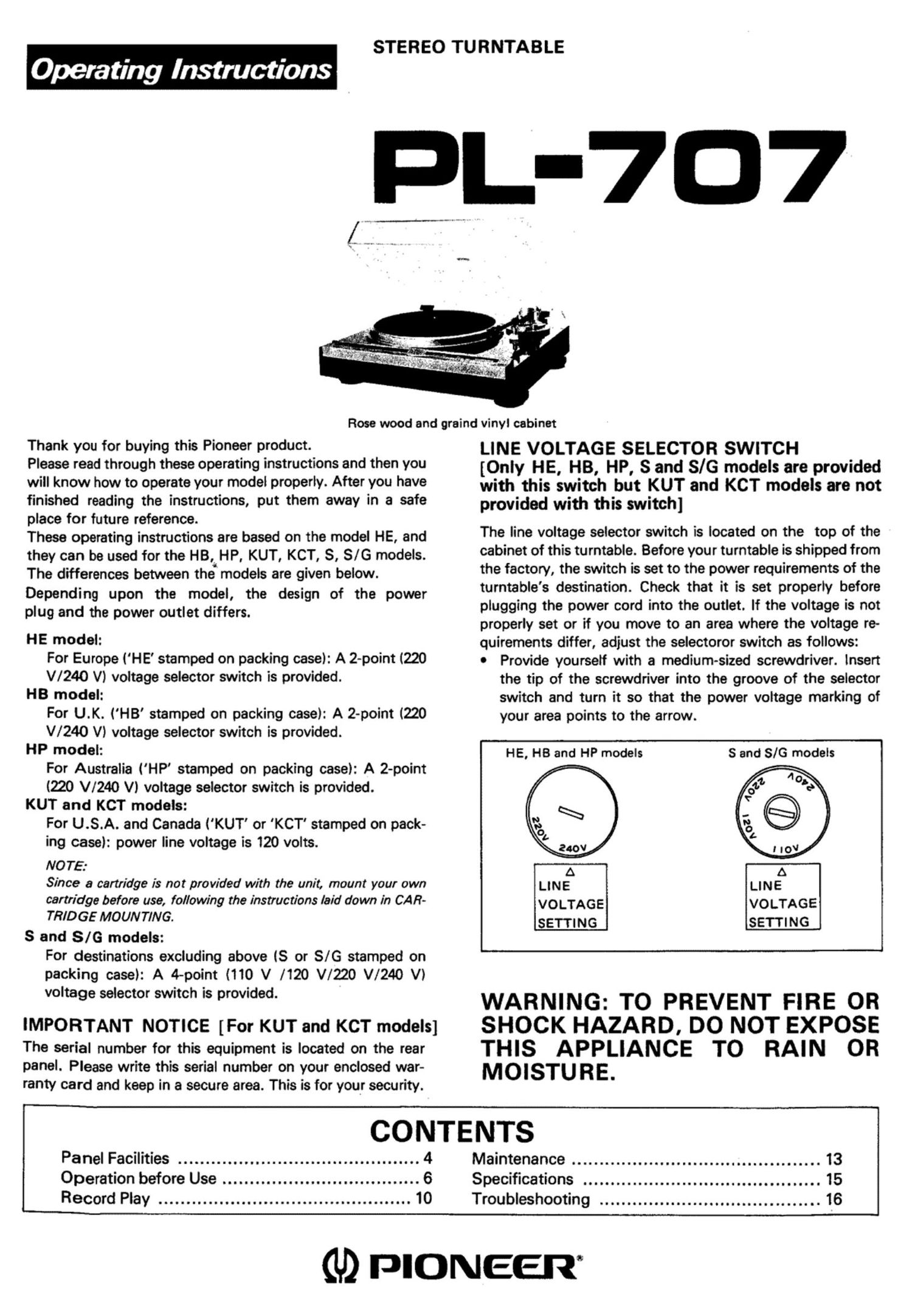 pioneer pl 707 owners manual
