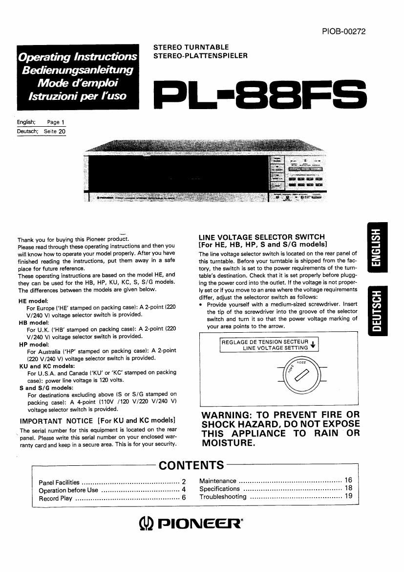 pioneer pl 88 fs owners manual