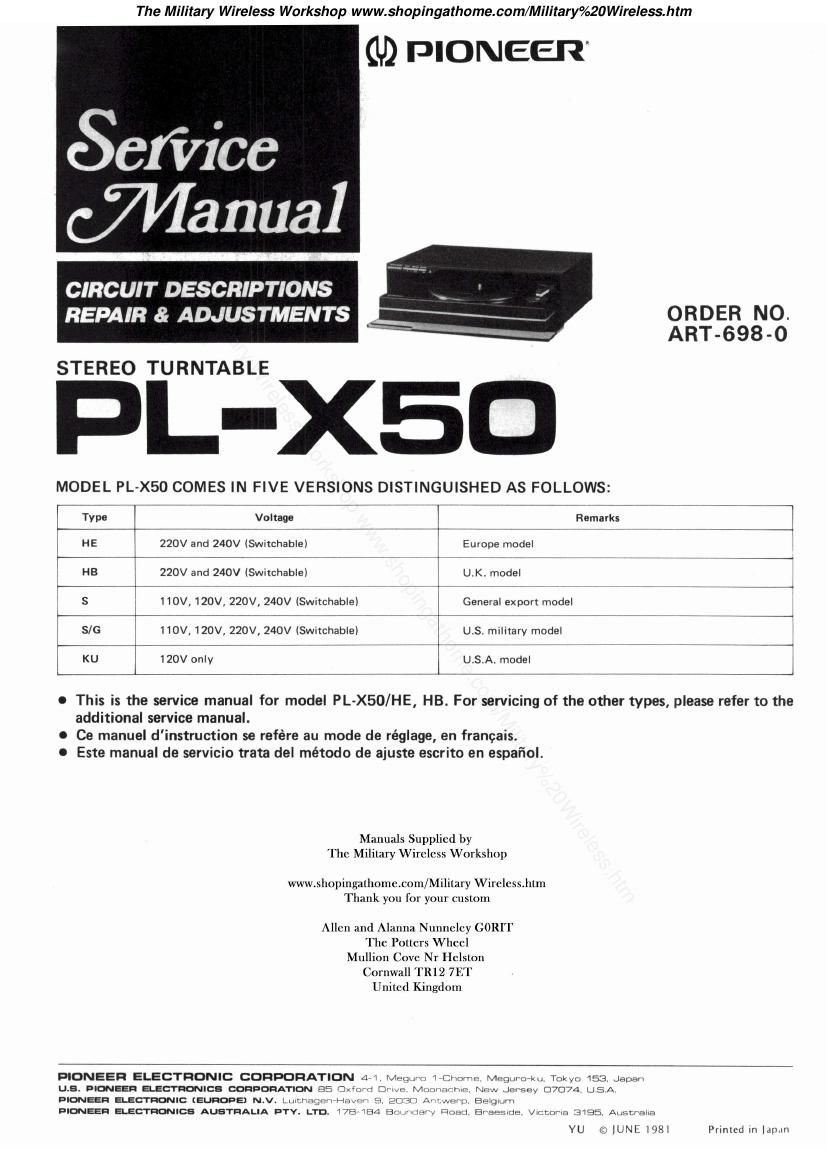 pioneer pl x 50 service manual