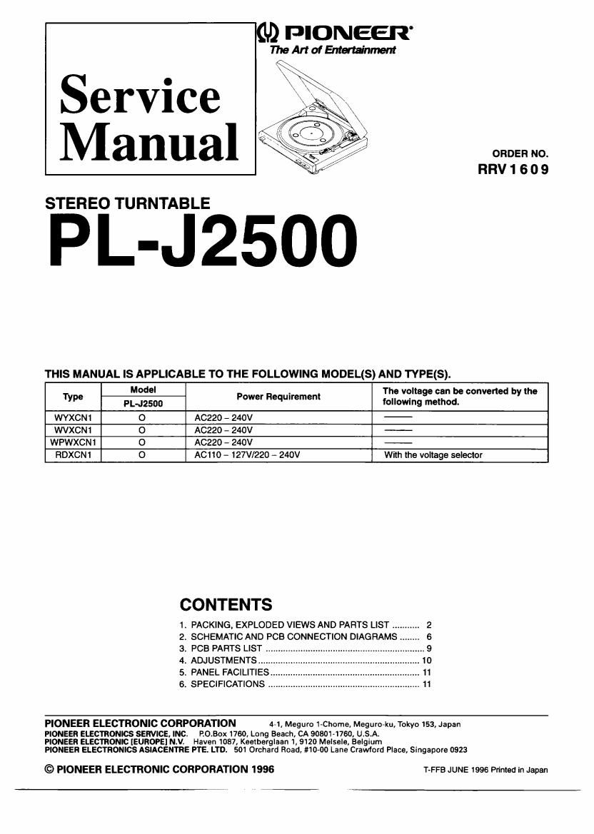 pioneer plj 2500 service manual