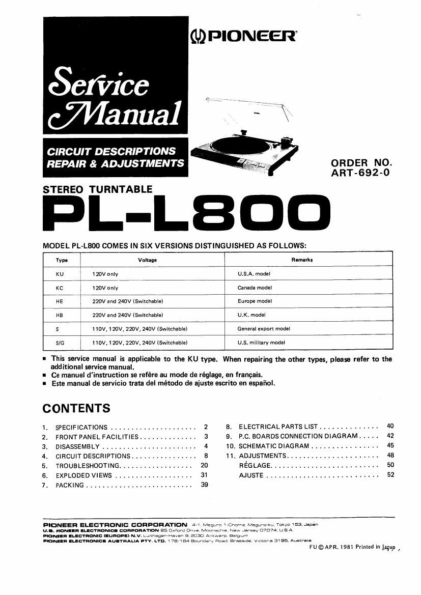 pioneer pll 800 s service manual