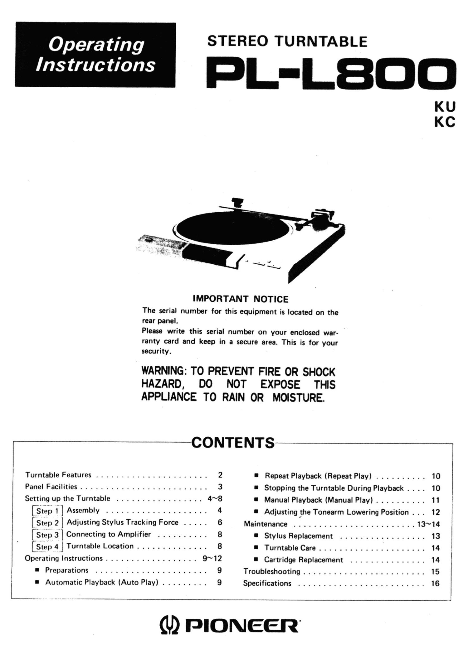 pioneer pll 800 owners manual