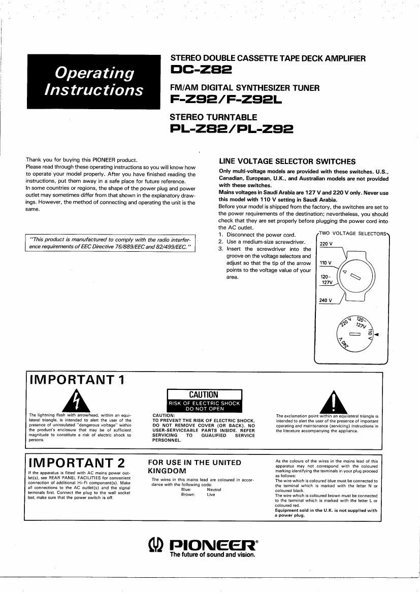 pioneer plz 92 owners manual