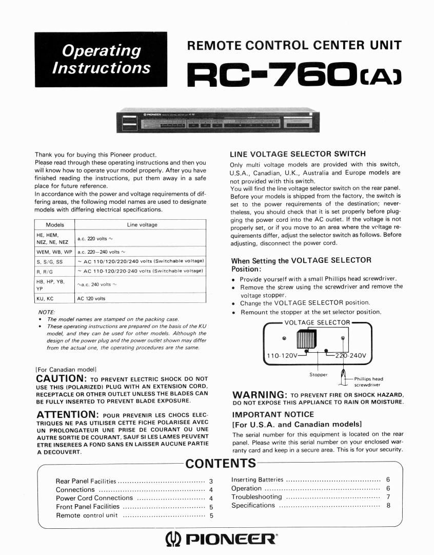 pioneer rc 760 owners manual